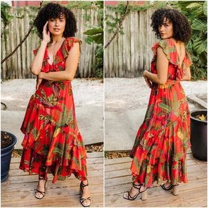 Anthropologie Farm Rio Red Forest Birds midi-dress